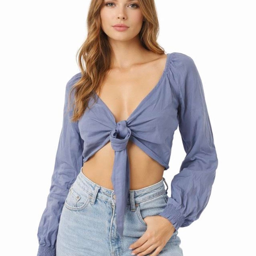 Lavender Tie-Front Long Sleeve Crop Top
